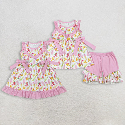 RTS Sibling Baby Girls Sleeveless Popsicles Pink Bows Summer Knee Length Dress Set
