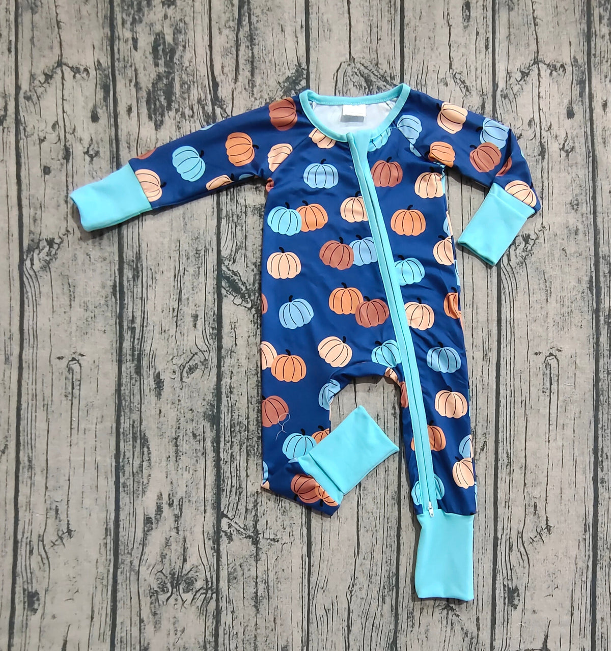 Baby Boy Long Sleeves Pumpkins Blue Zipper Fall Romper Thanksgiving