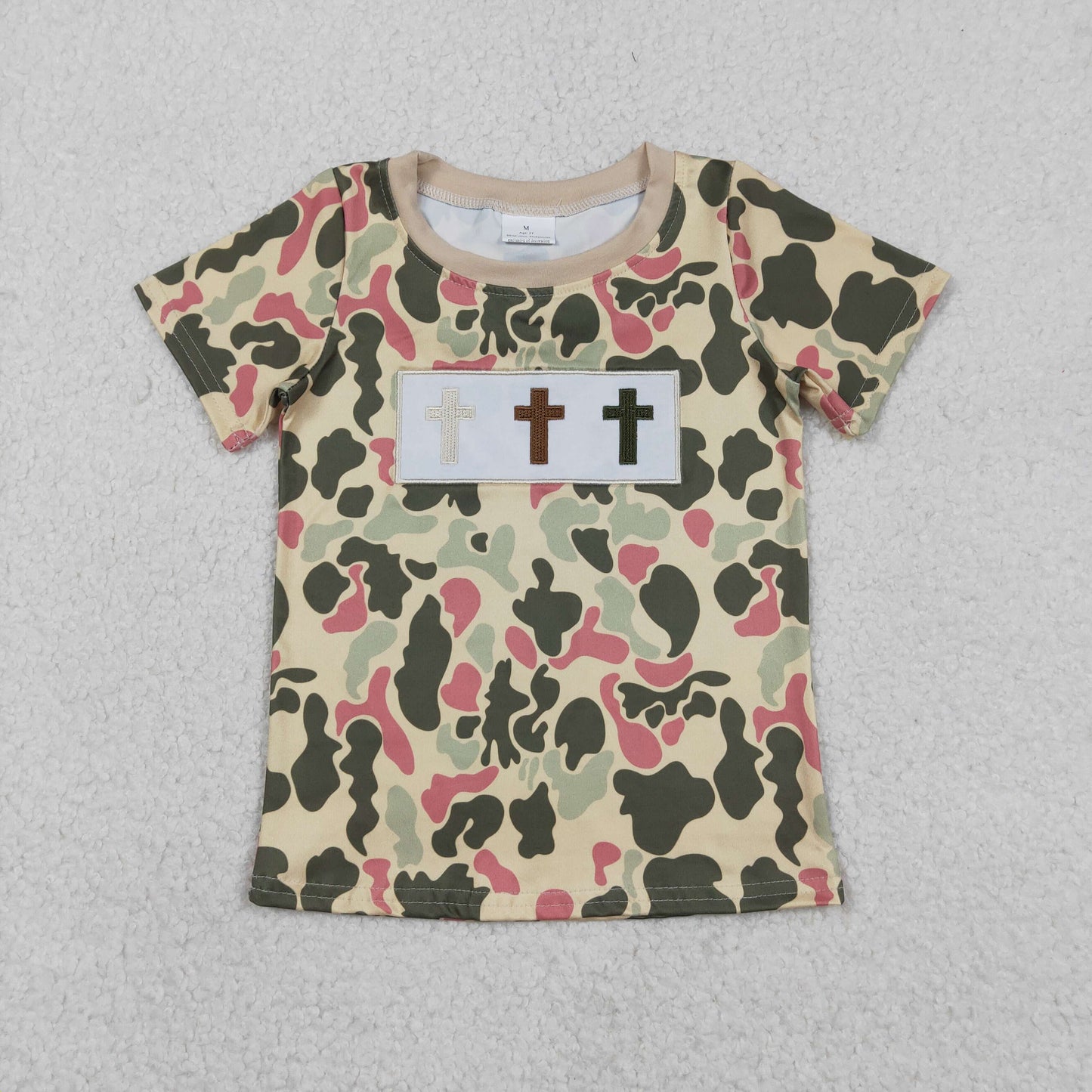 Baby Boys Kids Short Sleeves Embroidery Crosses Easter Camo Shirt Tops