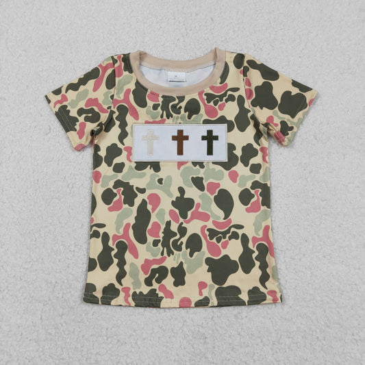 Baby Boys Kids Short Sleeves Embroidery Crosses Easter Camo Shirt Tops