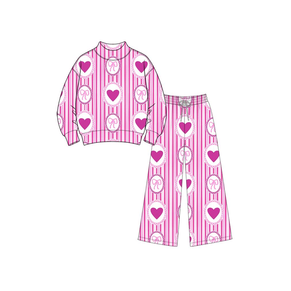 Moq 5 Preorder Baby Girls Kids Long Sleeves Hearts Bows Stripes Shirt Pants Set Valentine Clothes