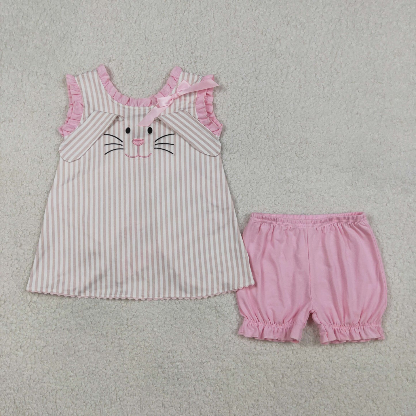 RTS Baby Girls KIds Embroidery Rabbits Bows Stripes Tops Pink Shorts Easter Set