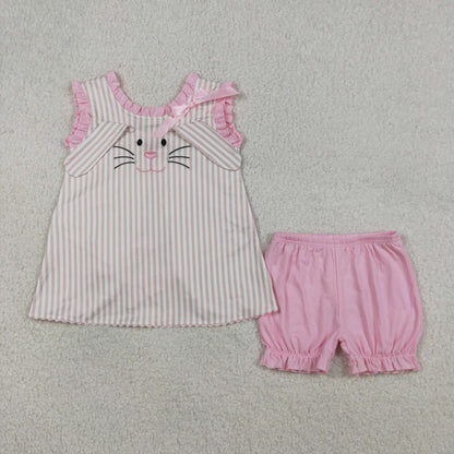 RTS Baby Girls KIds Embroidery Rabbits Bows Stripes Tops Pink Shorts Easter Set