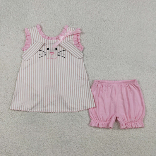 RTS Baby Girls KIds Embroidery Rabbits Bows Stripes Tops Pink Shorts Easter Set