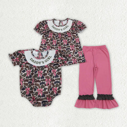 RTS Sibling Baby Girls Kids Toddler Embroidery Smocked Daddy's Girl Camo Bows Romper Set