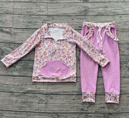 RTS Baby Girls Long Sleeves Flower Zipper Shirt Pockets Purple Pants Clothes Set