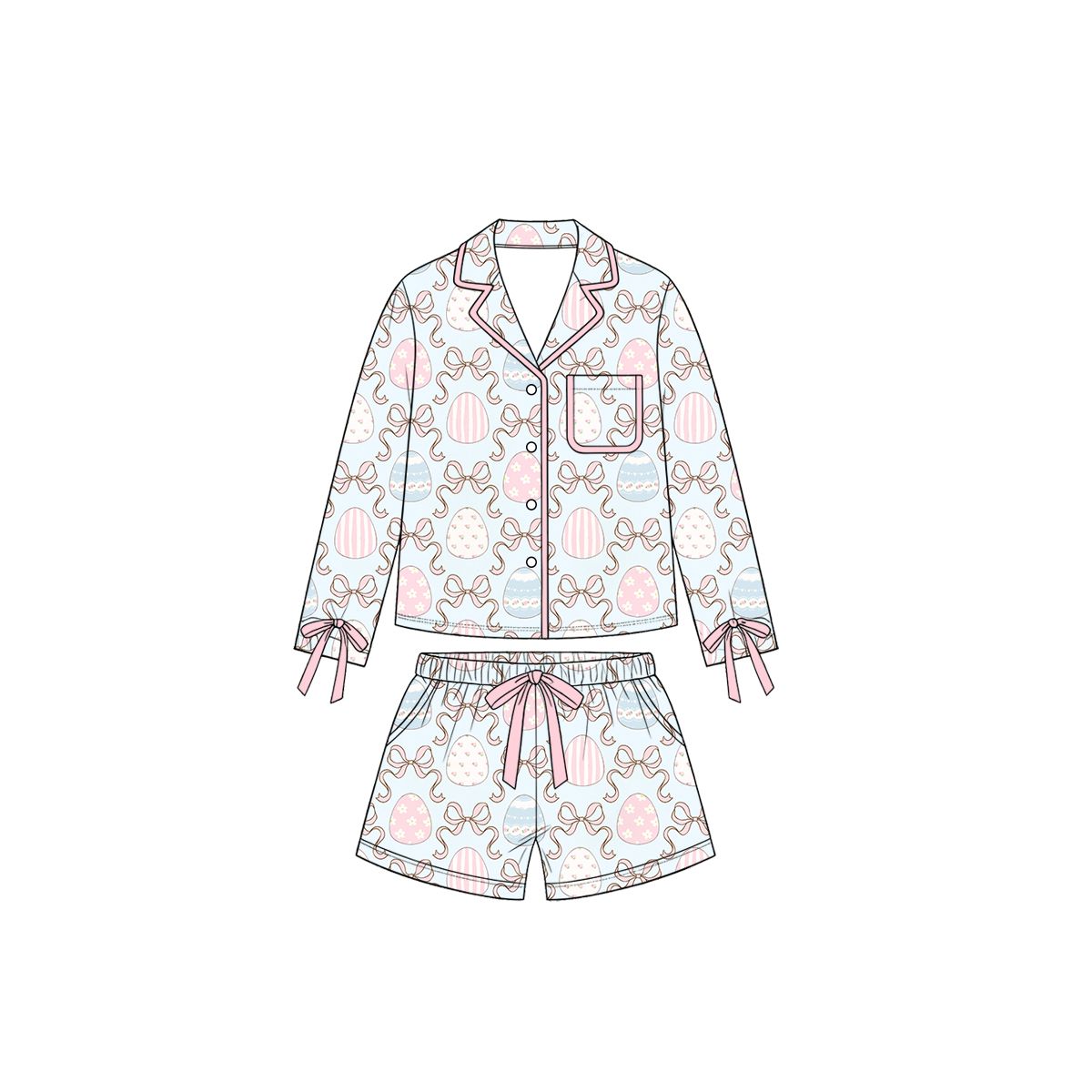 Moq 5 Preorder Baby Girls Kids Eggs Bows Buttons Shirt Pockets Shorts Set Easter Pajamas Clothes