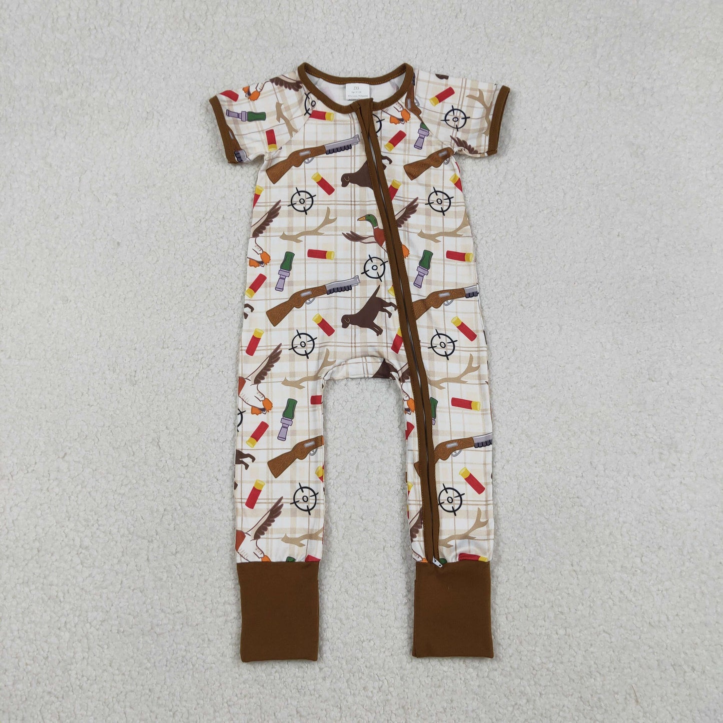 Sibling Baby Boys Short Sleeves Ducks Dogs Plaid Zipper Romper Hunting Outfit Pajamas Clothes