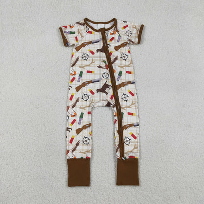 Sibling Baby Boys Short Sleeves Ducks Dogs Plaid Zipper Romper Hunting Outfit Pajamas Clothes