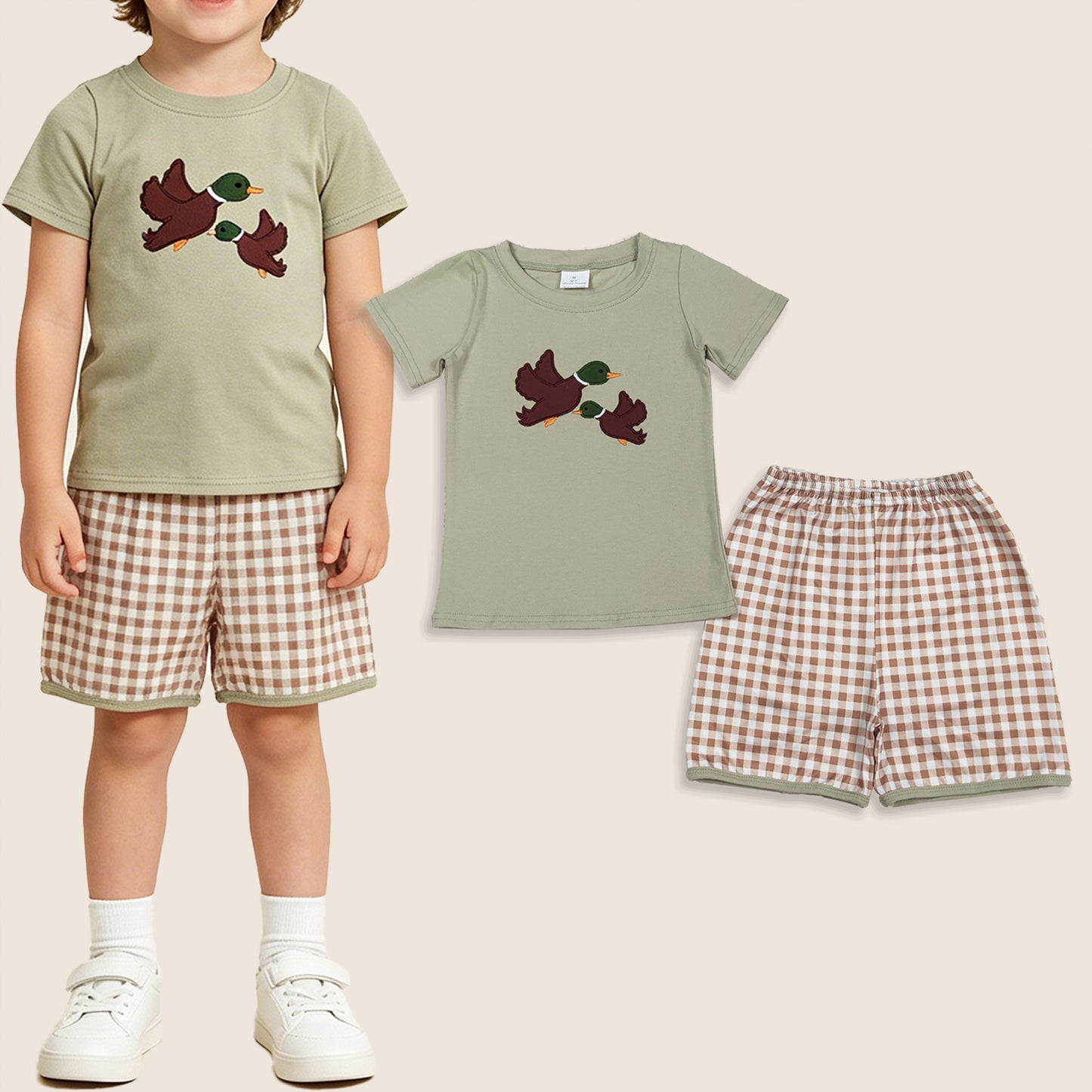 Baby Boys Kids Short Sleeves Embroidery Ducks Shirt Plaid Shorts Clothes Set