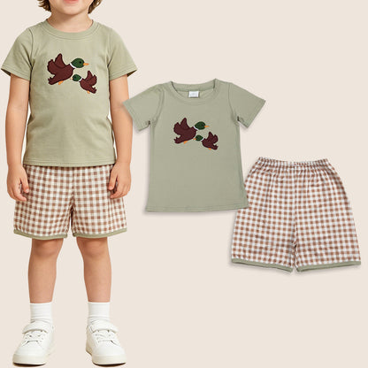 Baby Boys Kids Short Sleeves Embroidery Ducks Shirt Plaid Shorts Clothes Set
