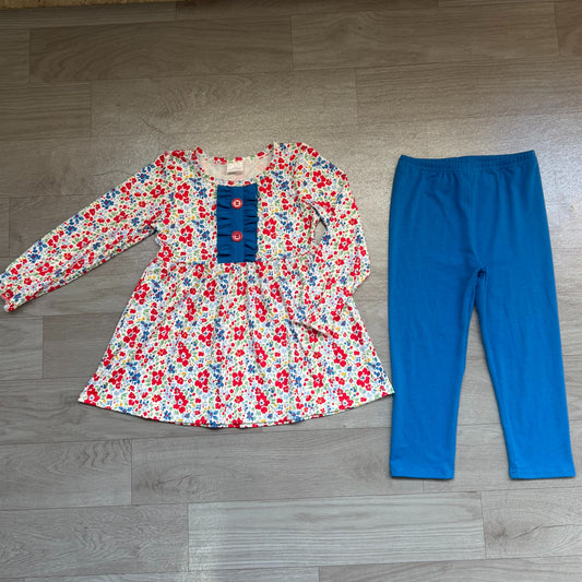 No moq Preorder Baby Girls Kids Long Sleeves Floral Buttons Tunic Blue Pants Set Clothes