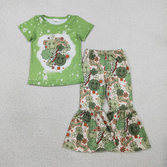 RTS Baby Girl Kids Short Sleeves St Patrick Day Smile Clovers Shirt Bell Pants Set