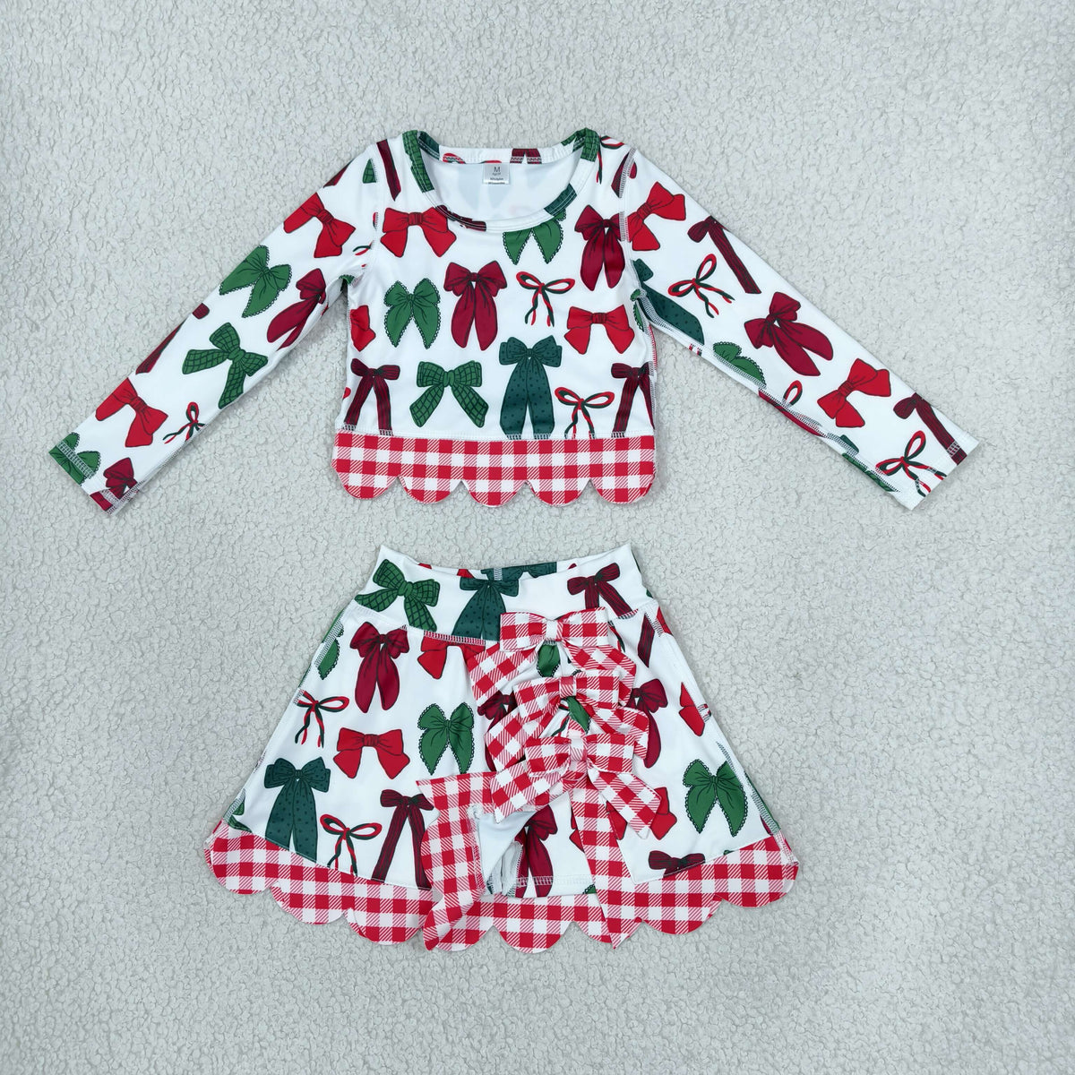 Baby Girls Kids Long Sleeves Christmas Bows Shirt Scallop Skirt Shorts Yoga Active Set Clothes