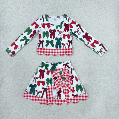 Baby Girls Kids Long Sleeves Christmas Bows Shirt Scallop Skirt Shorts Yoga Active Set Clothes