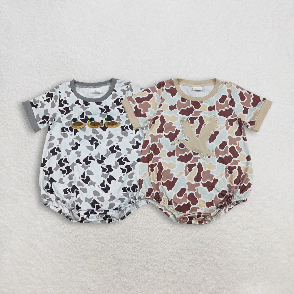 RTS Sibling Baby Boys Short Sleeves Embroidery Ducks Camo Bubble Rompers