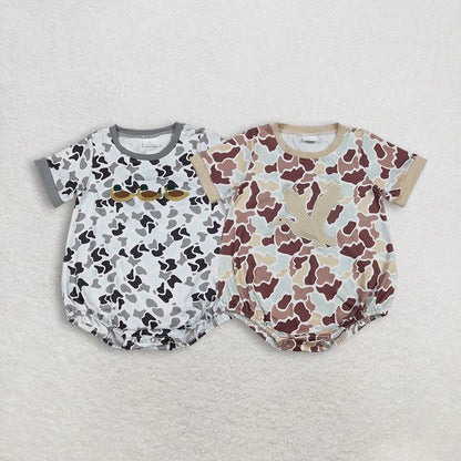RTS Sibling Baby Boys Short Sleeves Embroidery Ducks Camo Bubble Rompers
