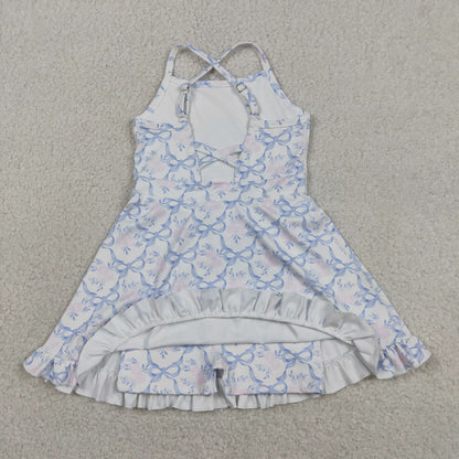 Baby Girls Kids Sleeveless Blue Bows Flower Shorts Knee Length Ruffle Dress