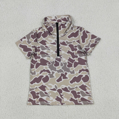 Baby Boys Kids Short Sleeves Dark Grey Camo Zipper Pullover Shirt Tops