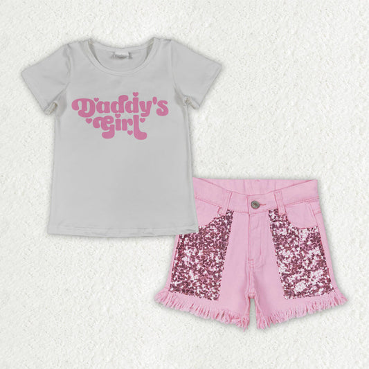Baby Girls Kids Short Sleeves Daddy's Shirt Sequins Pink Denim Shorts Summer Set