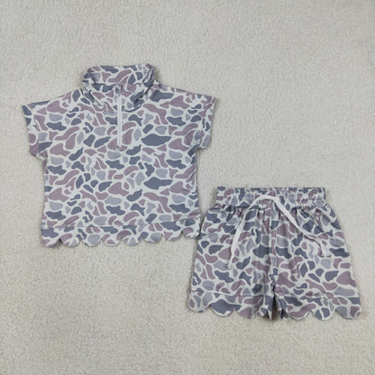 Baby Girls Kids Short Sleeves Grey Camo Zipper Shirt Scallop Shorts Set Clothes