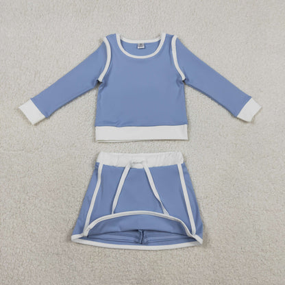 RTS Baby Girls Kids Blue Long Sleeve Shirt Skirts Shorts Yoga Active Clothes Set