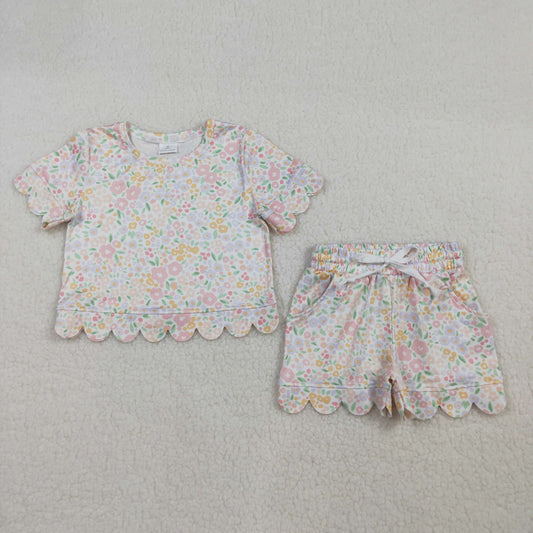 RTS Baby Girls Kids Short Sleeves Floral Shirt Scallop Shorts Summer Set