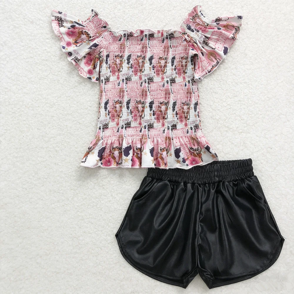 RTS Baby Girl Kids Short Sleeves Cow Flower Tops Black Leather Shorts Set Western Clothes