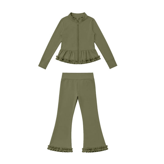 Moq 5 Preorder Baby Girls Kids Zipper Ruffle Cardigan Tops Pants Olive Set Yoga Active Clothes