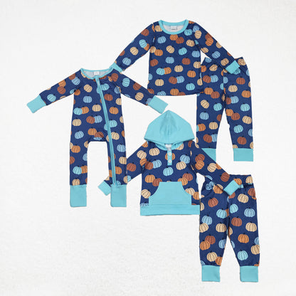 Baby Boy Long Sleeves Pumpkins Sibling Thanksgiving Fall Romper Outfit Pajamas Set
