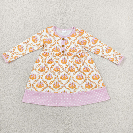 Baby Girls Kids Long Sleeves Pumpkins Bows Knee Length Dress Fall Clothes