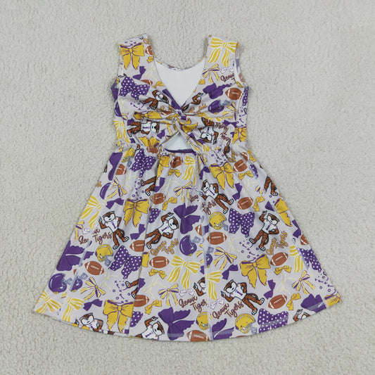 Baby Girls Kids Sleeveless Tigers Bows Football Yoga Team Knee Length Dress