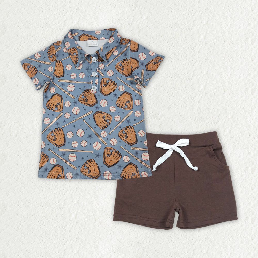 Baby Boys Kids Short Sleeves Baseball Stars Buttons Shirt Brown Pockets Shorts Clothes Set