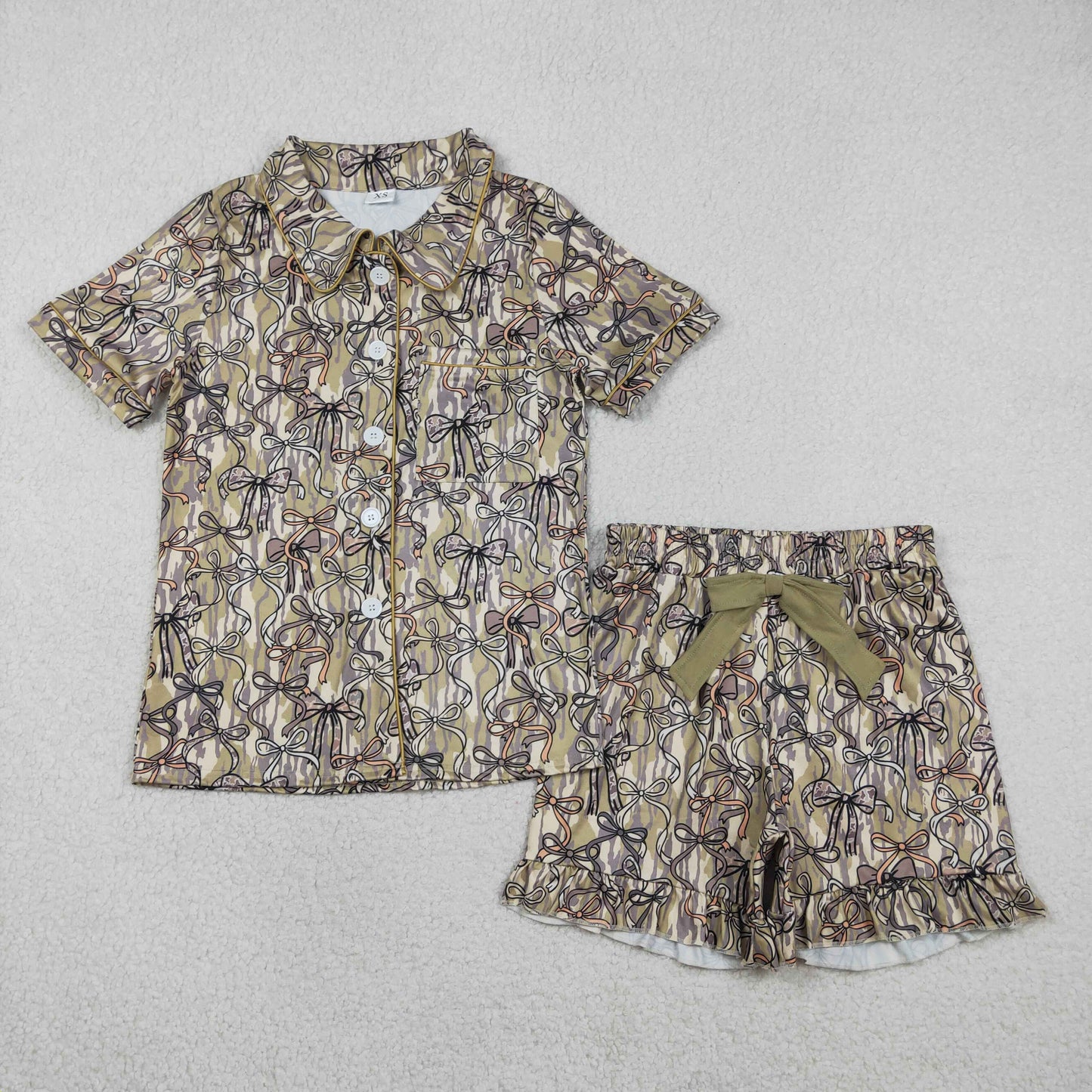 RTS Adult Women Short Sleeves Camo Bows Pocket Buttons Shirt Shorts Pajamas Clothes Set