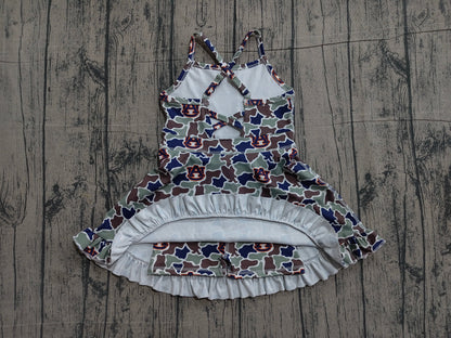 Preorder Baby Girls Kids Straps Green Camo Print Team Yoga Ruffle Knee Length Dress