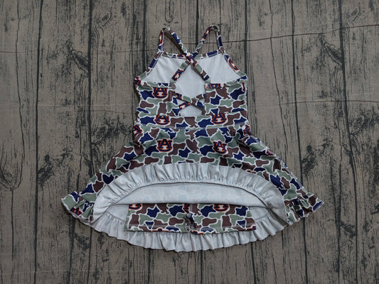 Preorder Baby Girls Kids Straps Green Camo Print Team Yoga Ruffle Knee Length Dress