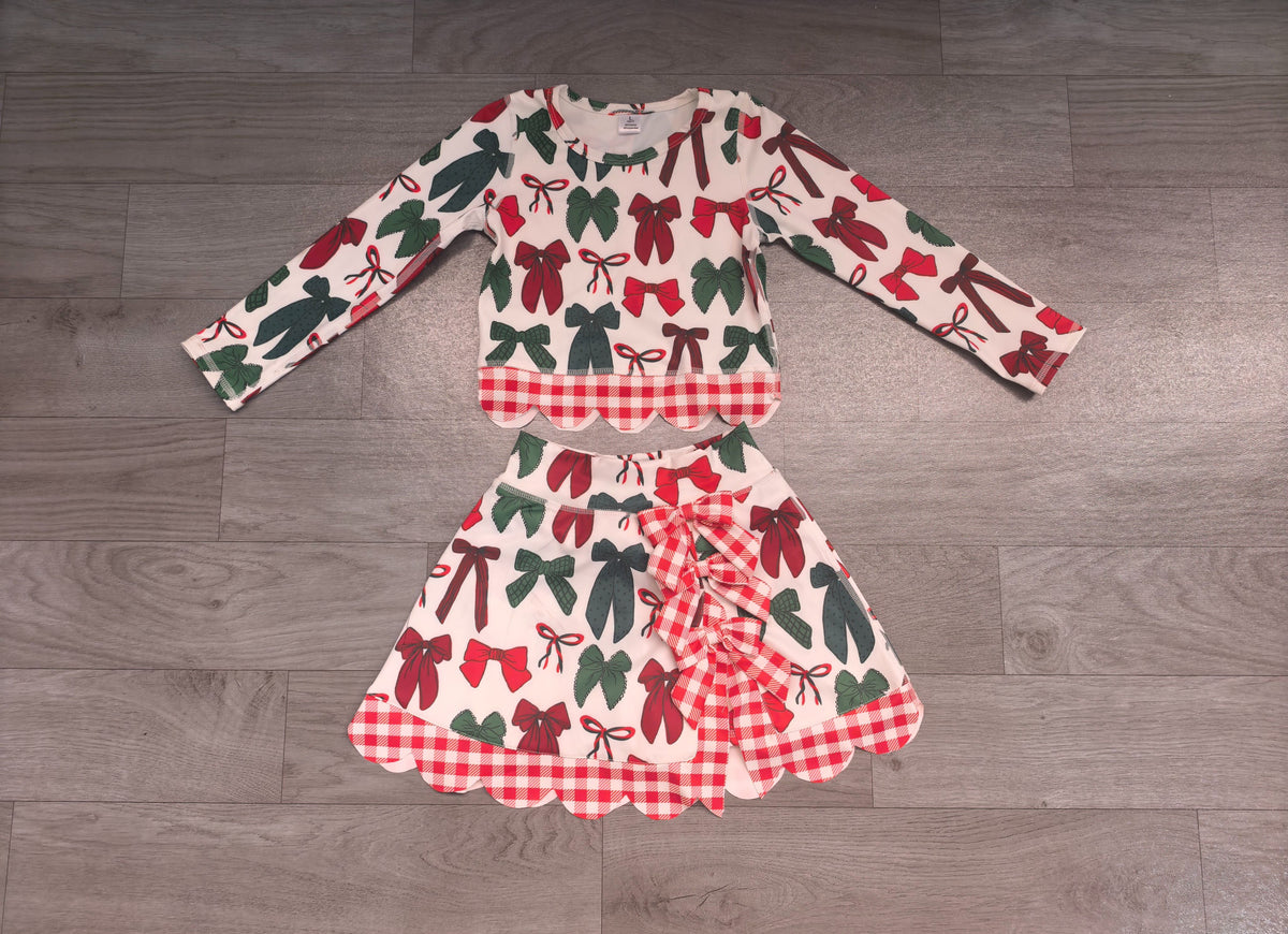 No moq Preorder Baby Girls Kids Christmas Bows Shirt Scallop Skirt Shorts Yoga Active Set Clothes
