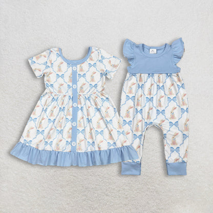 RTS Baby Girls Kids Short Sleeves Blue Bows Rabbits Easter Romper Knee Length Dress