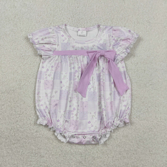 RTS Baby Girls Kids Short Sleeves Flower Plaid Bows Lavender Summer Romper