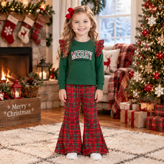 Baby Girls Kids Embroidery Merry Christmas Green Tops Plaid Pants Set Clothes