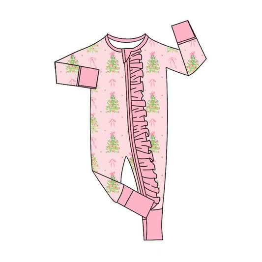Moq 5 Preorder Baby Girls Kids Christmas Tree Bows Pink Ruffle Zipper Sleeper Footie Romper Clothes