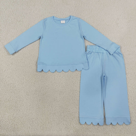 Baby Girls Kids Long Sleeves Blue Shirt Pants Set Pajamas Scallop Clothes