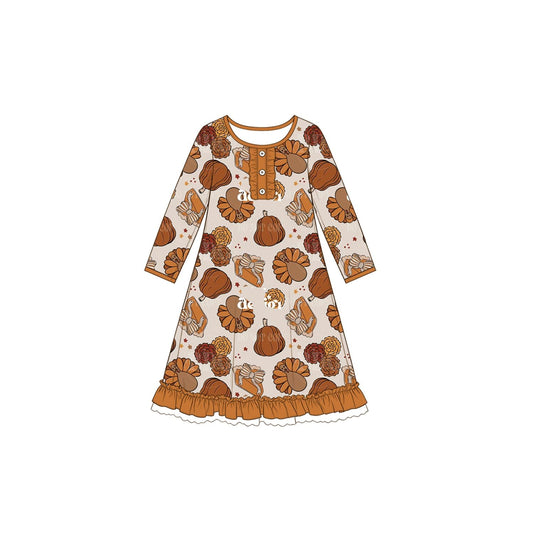 Moq 5 Preorder Baby Girls Kids turkey Pumpkins bows Thanksgiving Knee Length Dress