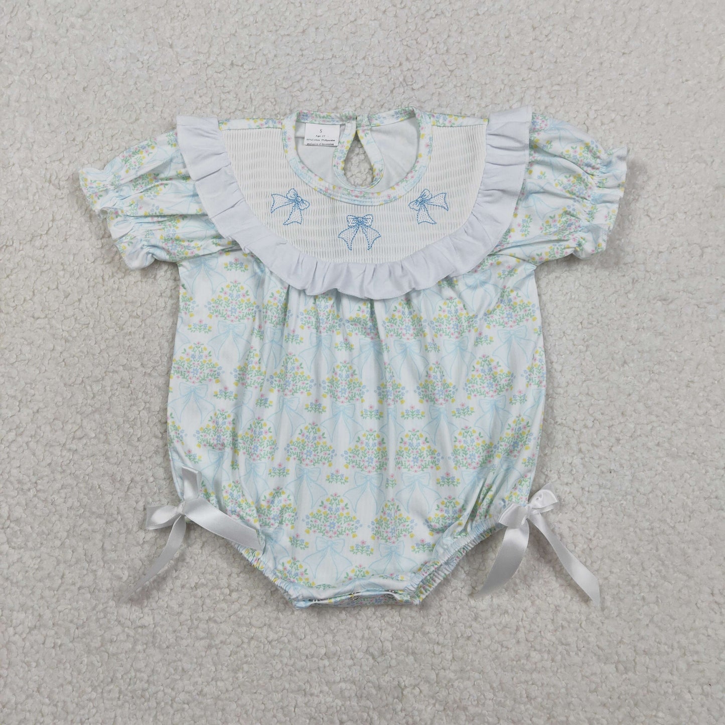RTS Sibling Baby Girls Kids Short Sleeves Embroidery Smocked Bows Floral Bubble Romper Dress