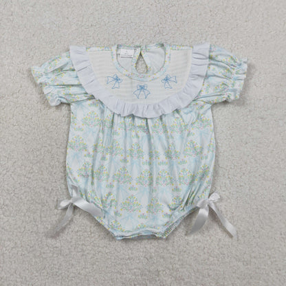 RTS Baby Girls Kids Short Sleeves Embroidery Smocked Bows Floral Knee Length Dress