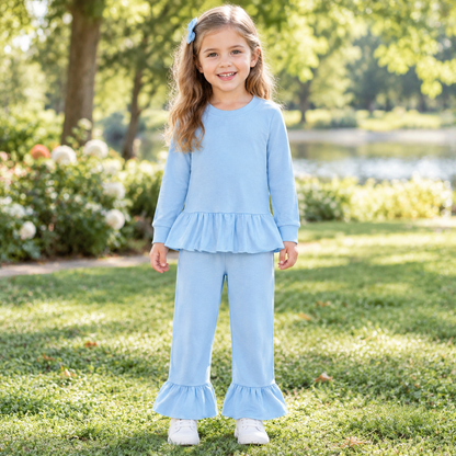 Baby Girls Kids Long Sleeves Ruffle Tops Pants Blue Set Cotton Clothes