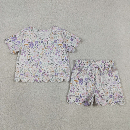 Sibling Baby Girls Adult Women Short Sleeves Purple Flower Shirts Shorts Scallop Sets Summer Clothes