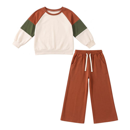 Moq 5 Preorder Baby Girls Kids Long Sleeves Shirt Brown Pockets Pants Cotton Set Clothes
