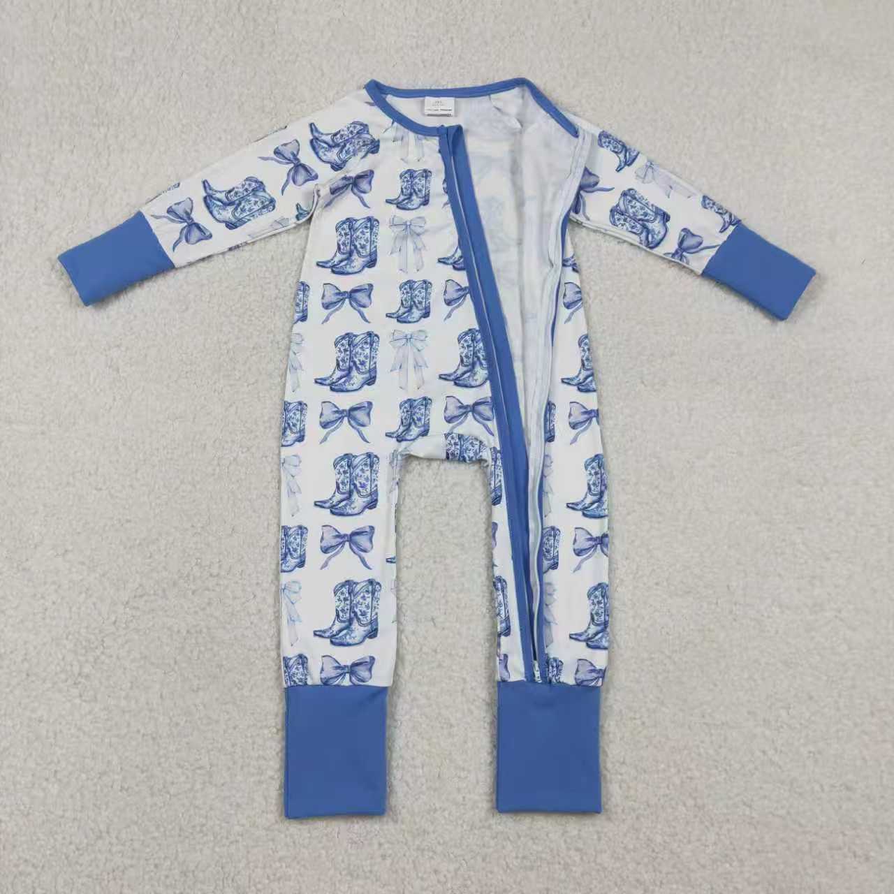 Sibling Baby Girl Long Sleeves Blue Bows Boots Western Zipper Romper Pajamas Clothes Set