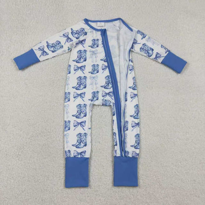 Sibling Baby Girl Long Sleeves Blue Bows Boots Western Zipper Romper Pajamas Clothes Set